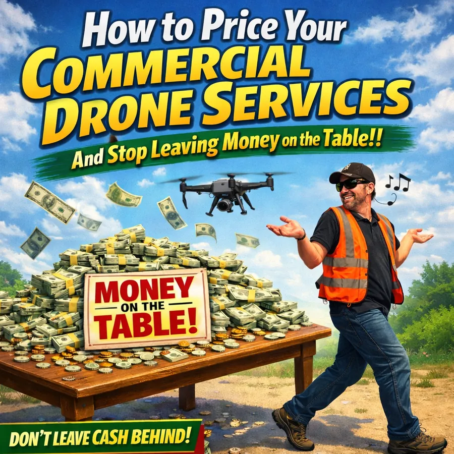 Commercial drone pilot reviewing service pricing on a laptop at a desk with a DJI drone and invoice documents nearby