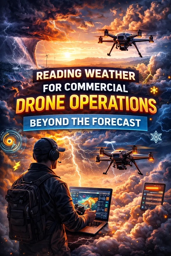 Commercial drone pilot reading a METAR weather report on a laptop before a UAS flight operation at a tower site