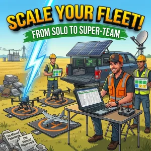 Two commercial drone pilots reviewing a job site map together before a multi-aircraft UAS inspection mission