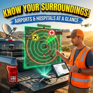 FlightDeck software displaying airport and hospital proximity data on a map for a commercial UAS job site