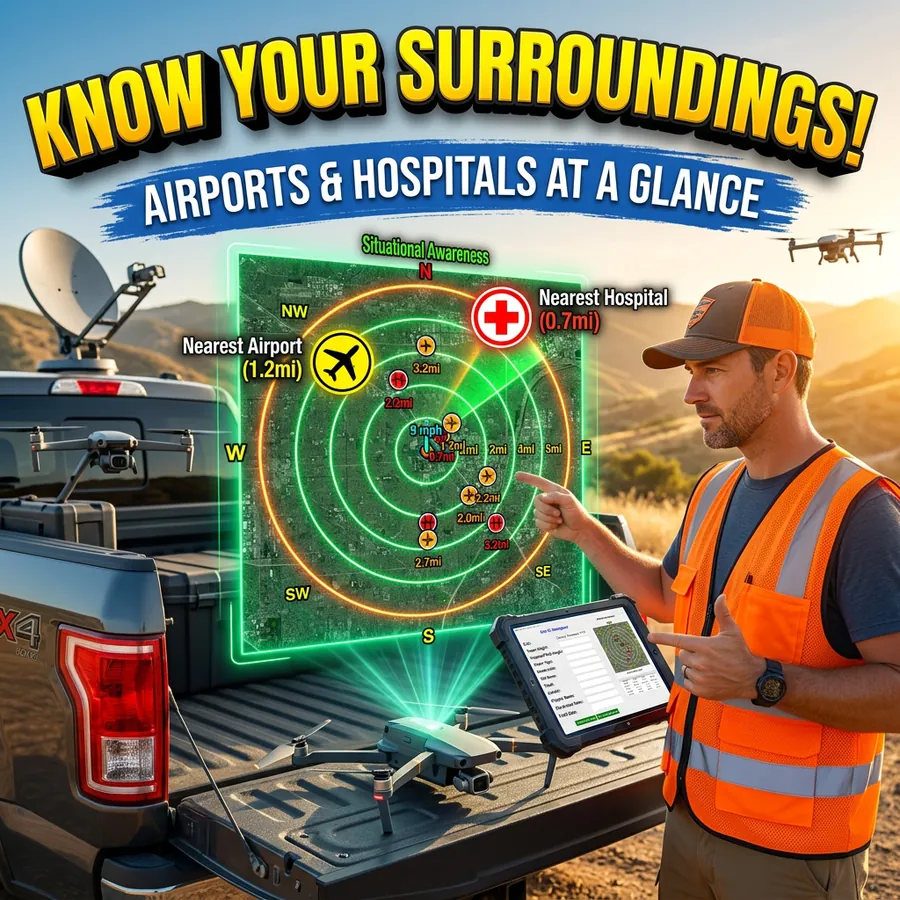 FlightDeck software displaying airport and hospital proximity data on a map for a commercial UAS job site