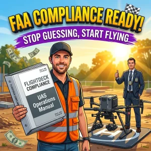 Commercial drone pilot reviewing a printed UAS operations manual binder with standard operating procedures and emergency protocols